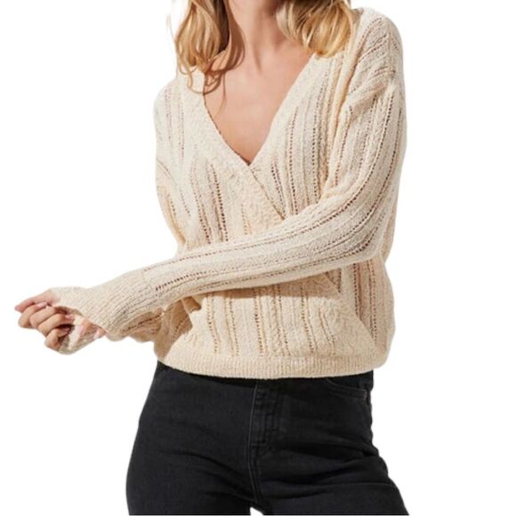ASTR Pointelle Wrap Front Sweater in Cream - Picture 1 of 8